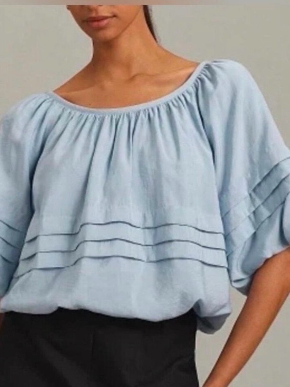 Anthropologie Maeve Pale Blue On-Off-Shoulder Pintuck Blouse. NWOT.